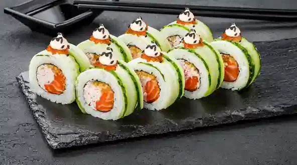 Dish Roll with salmon and cucumber menu Sushi Master Roll with salmon and cucumber menu Sushi Master